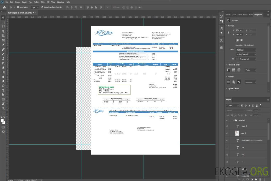 États-Unis Colorado Fort Collins Utilities modèle de facture de services publics aux formats Word et PDF template